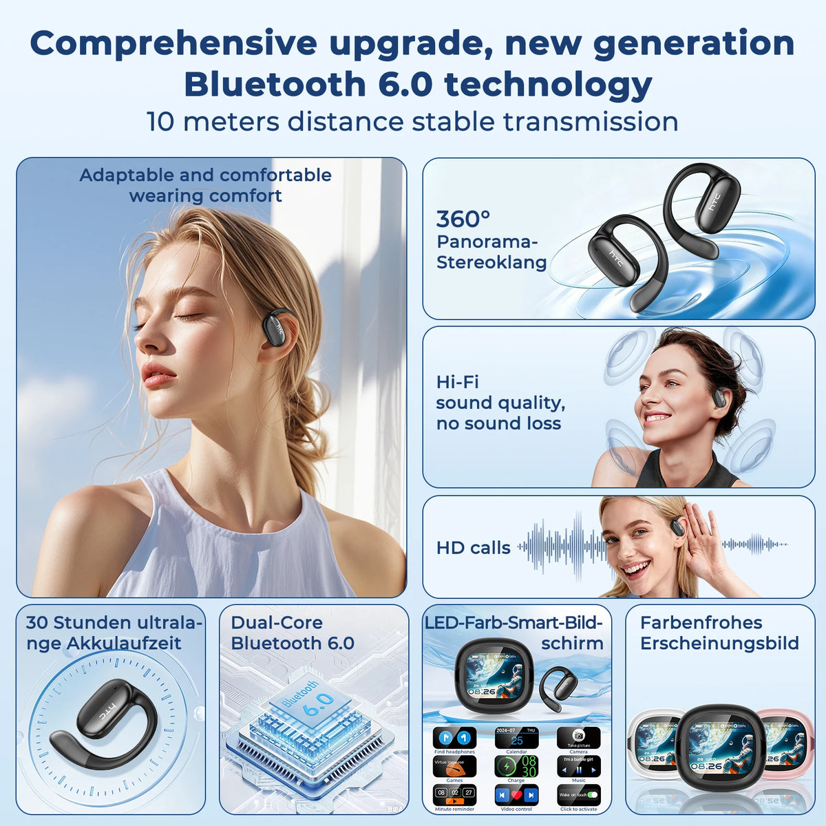 Wireless Earphones Bluetooth LED Touch Screen AI Translate Earbuds Hifi Sound HD Call Headphones Bone Conduction
