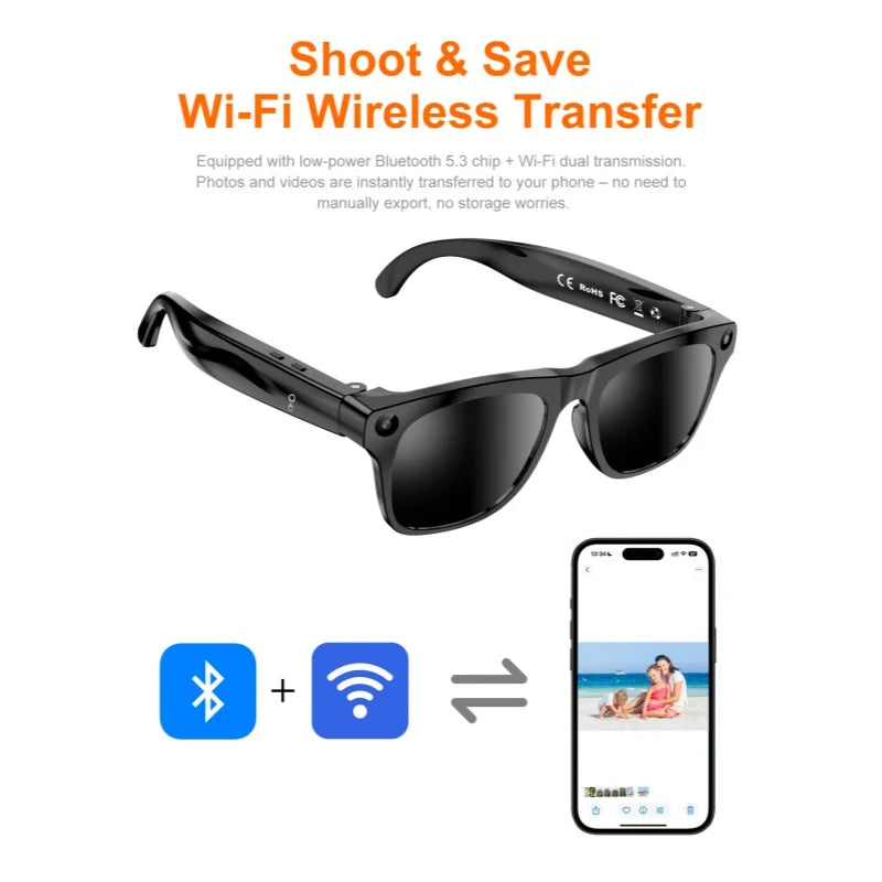Smart Camera Glasses HD Video Recording Bluetooth Call AI Voice Assistant Outdoor Sports Sunglasses Wearable for Cycling