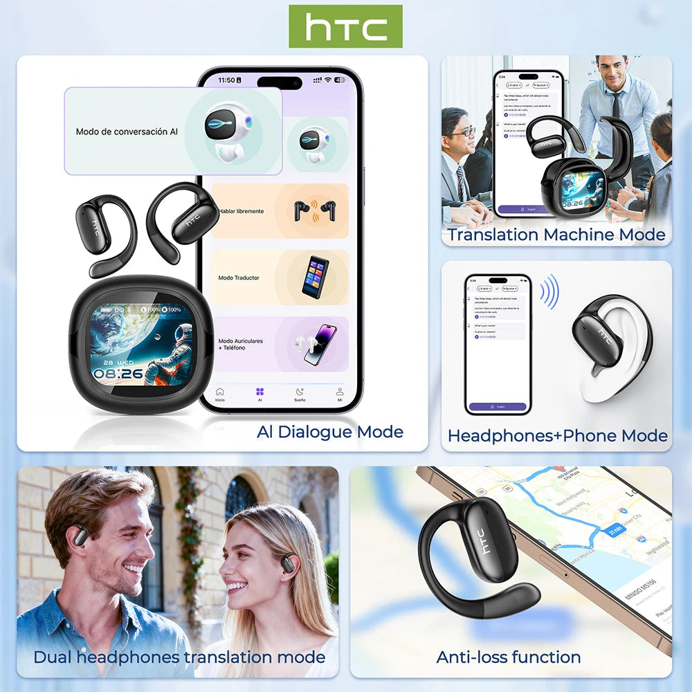 Wireless Earphones Bluetooth LED Touch Screen AI Translate Earbuds Hifi Sound HD Call Headphones Bone Conduction